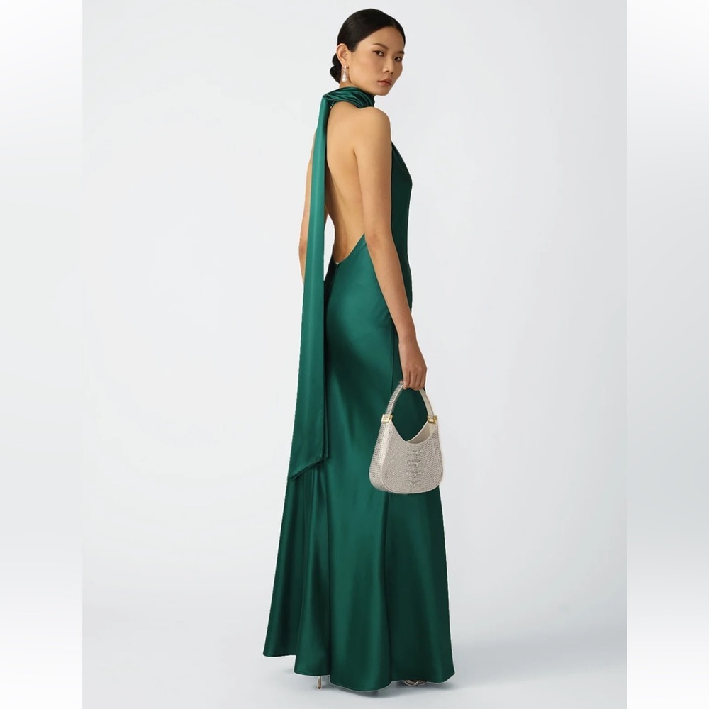 Sau Lee Penelope High-Neck Satin Gown In Emerald